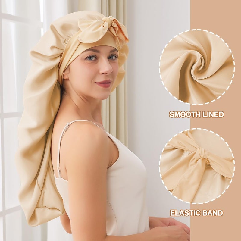 Supaze Braid Bonnet for Sleeping, Long Satin Bonnet for Women Curly Hair, Satin Lined with Long Strap(Champagne) showercap - Image 2